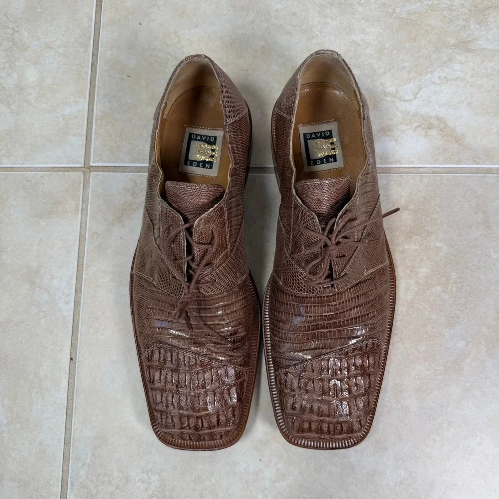David Eden Oxford Shoes Mens 9.5 Brown Hornback Caiman Lizard Exotic Square Toe